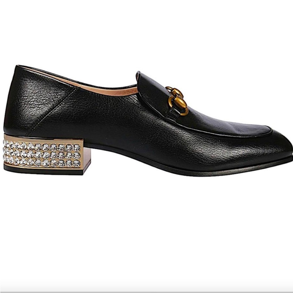 Gucci Black Horsebit Loafers with Gold and Crystal Accents